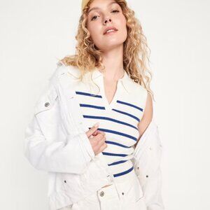 Nautical Rib-Knit Crop Blue/White Plus Size Polo Sweater 3X